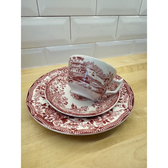 Tea Cups Red Pink Royal Staffordshire England Alfred Meakin TONQUIN TRIO rare - Picture 2 of 8
